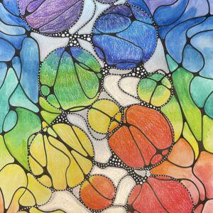 Neurographic art with chakra colors in circular motion.
