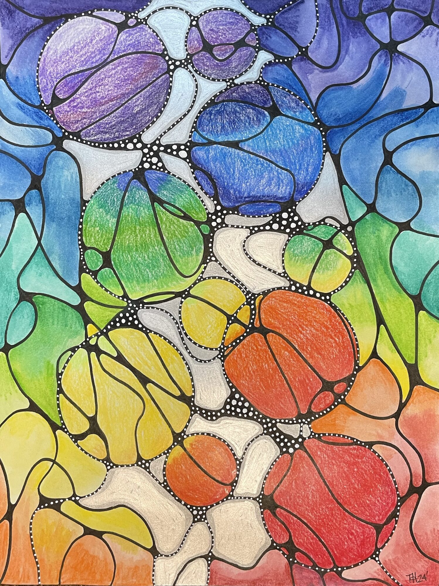 Neurographic art with chakra colors in circular motion.